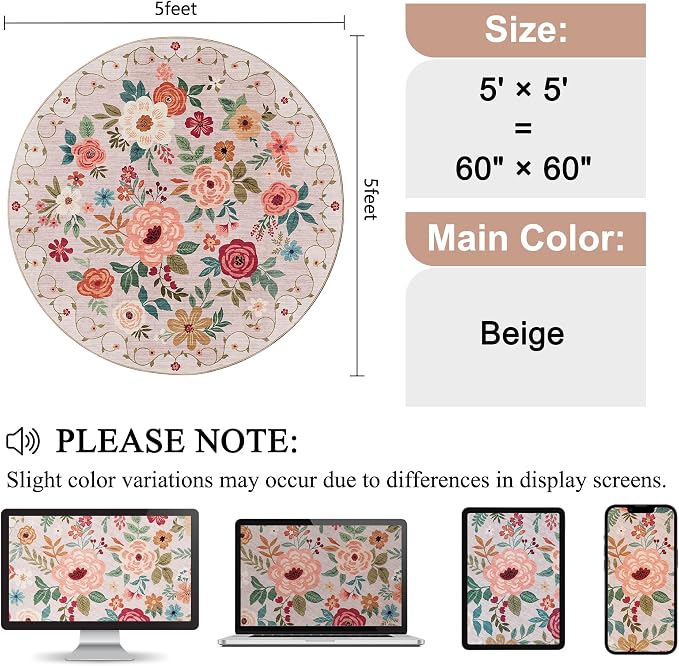 DUKINO 5ft Round Rug, Non Slip Floral Washable Small Circle Rug, Low Pile - Image 2