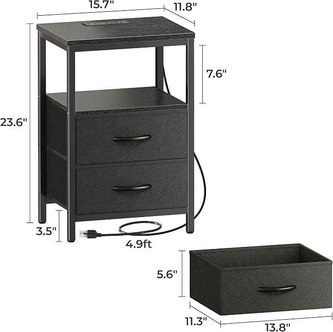 Huuger Nightstand with Charging Station, Side Table with 2 Fabric Drawers - Image 3