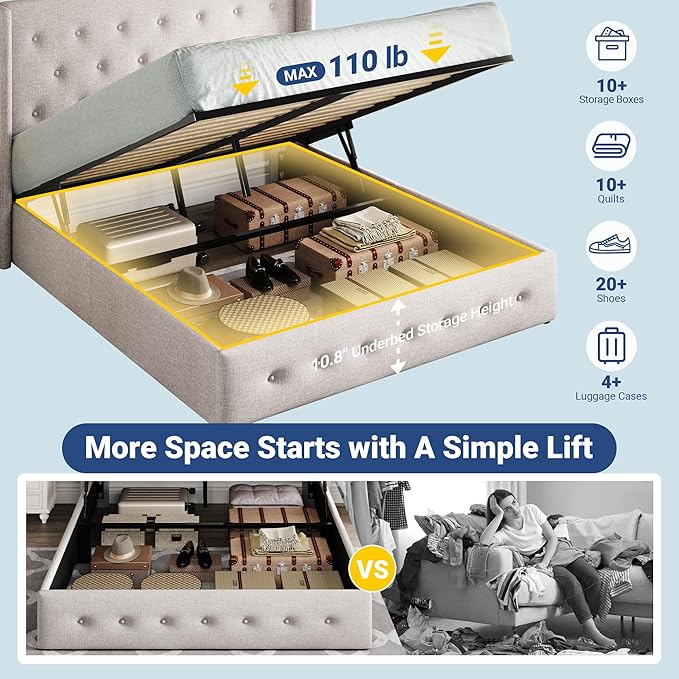 Allewie Queen Size Lift Up Storage Bed, Button Tufted Headboard - Image 3