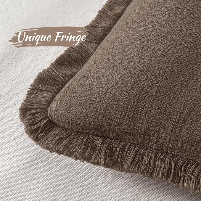 MIULEE Linen Fringe Decorative Fall Pillow Covers Chocolate Brown 26x26 | Set - Image 3