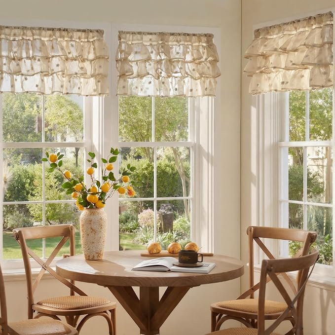 jinchan Ruffled Kitchen Valance Pom-Pom Voile Valance Curtains Sheer Shabby - Image 4
