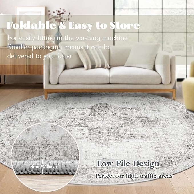 Round Rugs 6ft Washable Rug, Vintage Boho Medallion Rugs Non-Slip Soft Low Pile - Image 7