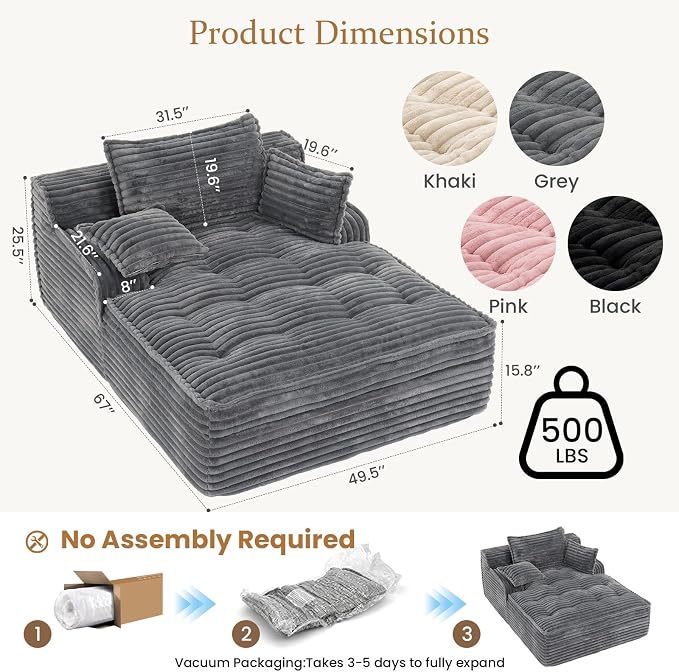 Boneless Chaise Lounge Couch Indoor, Oversized Corduroy Upholstered Sofa Bed - Image 2