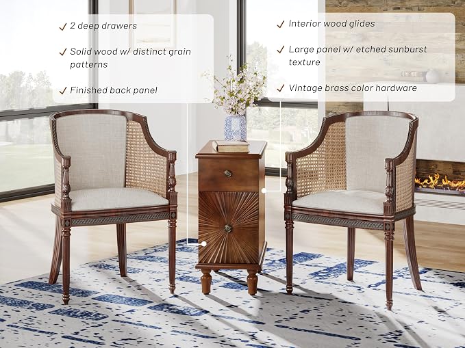 Solid Wood Sunburst End Table Set of 2, No Assembly Required 2 Drawers Sofa - Image 4