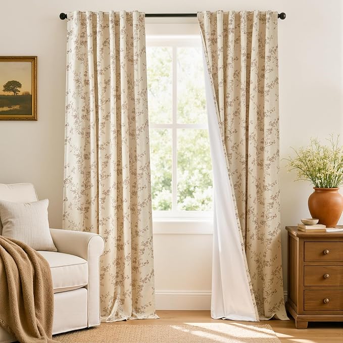 Blackout Vintage Floral Linen Curtains Taupe on Beige 50×96 2 Panels | Elisa by Lazzzy