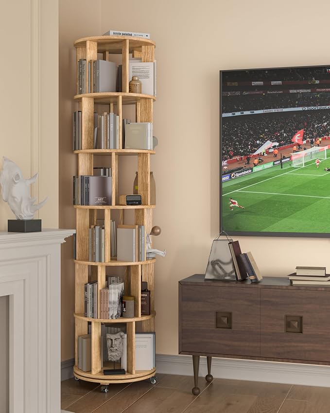 6-Tier Solid Wood Rotating Bookshelf on Wheels, 360° Spinning Book Shelf Tower - Image 9