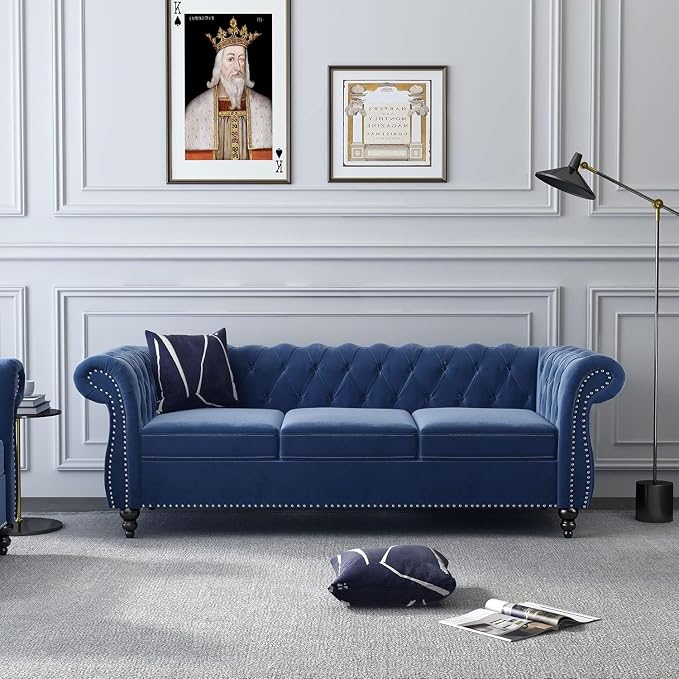 Chesterfield 3 Seater Sofa, Modern Velvet Tufted Couch 3 Seater by RUSTYER