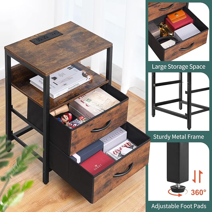 Yoobure Nightstand with Charging Station, LED Night Stand with Fabric Drawers - Image 8