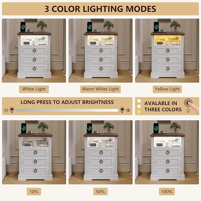 Nightstand Set 2 with Charging Station, Farmhouse End Side Table with 3 Drawers - Image 6