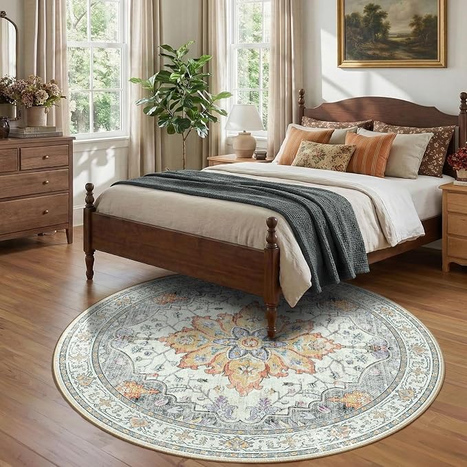RELEANY Washable Area Rug, Round 7ft, Water Repellent, Pet Friendly, Vintage - Image 2