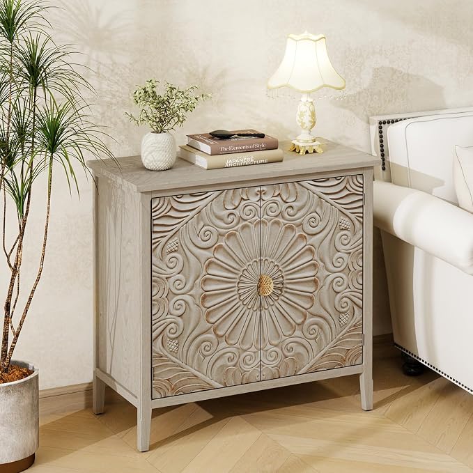Carved Buffet Cabinet with Floral Pattern & Gold Handle, 31.5" W Distressed - Image 9