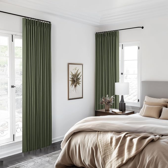Olive Green Pinch Pleated Blackout Linen Bedroom Curtains 96 Inch Length | - Image 8