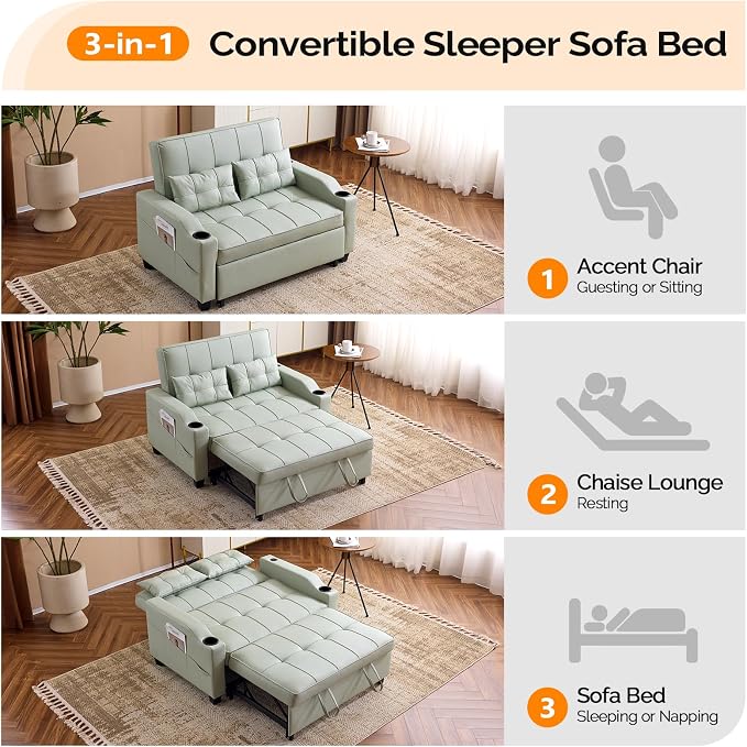 VINGLI Green Futon Sofa Bed Convertible Loveseat Sleeper Couch, Faux Leather - Image 4