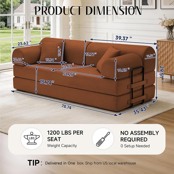 79'' Convertible Sofa Bed, 6 in 1 Folding Floor Futon Couch Sleeper - Image 2
