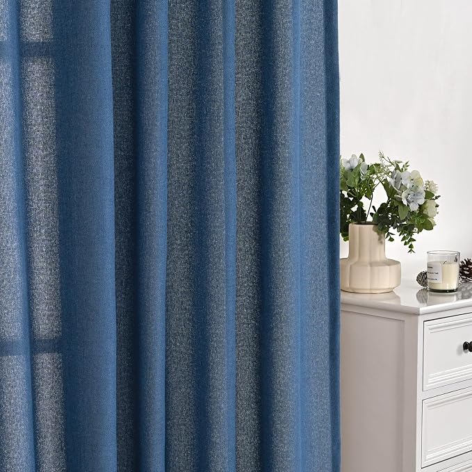 YoungsTex Navy Blue Linen Curtains 63 Inch Length 2 Panels Light Filtering | - Image 7