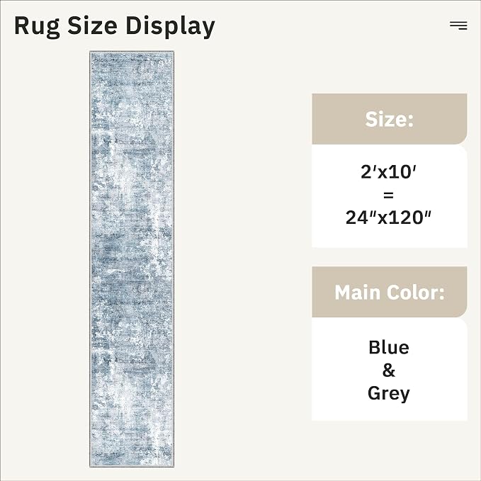Soalmost Abstract Runner Rug 2x10 Hallway Kitchen Runners Blue/Grey | Stain - Image 5