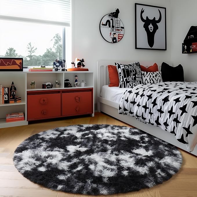 Amdrebio Black White Grey Plush Round Area Rug 6Ft - Image 3
