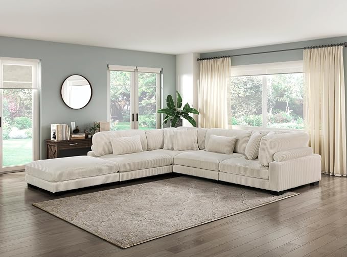 Modular Corner Seat, Plush Beige Corduroy Sofa, Customizable Living Room - Image 5