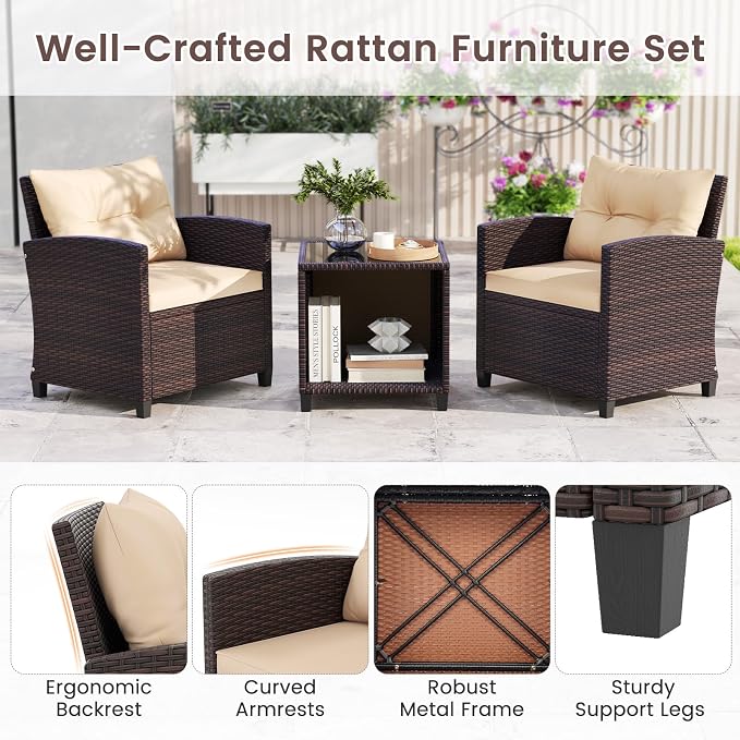 HAPPYGRILL 3 Pieces Patio Conversation Set, Outdoor Rattan Wicker Chairs & - Image 8