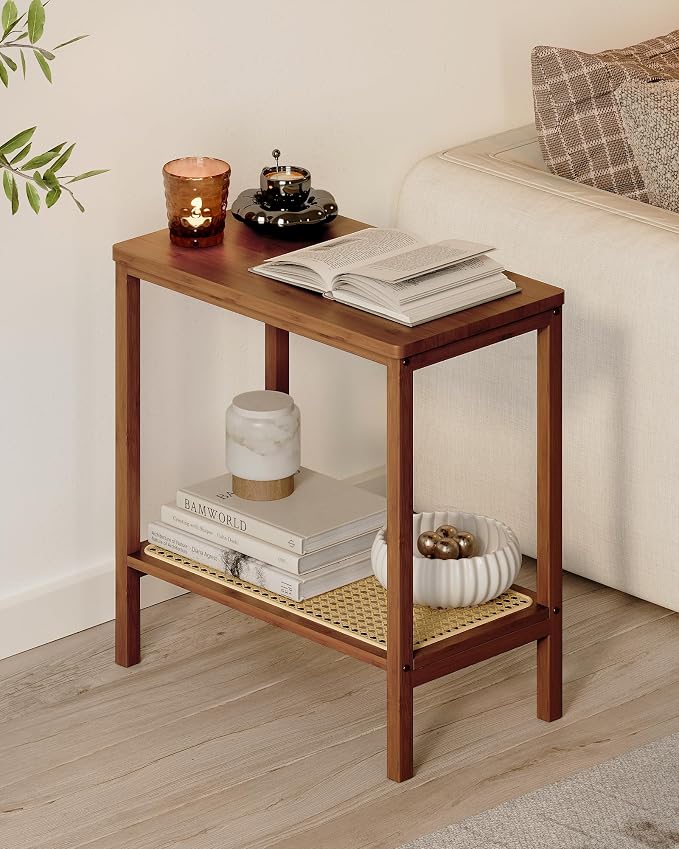 Rattan Side Table Mid Century Modern End Table Living Room 2-Tier End Table by Bamworld