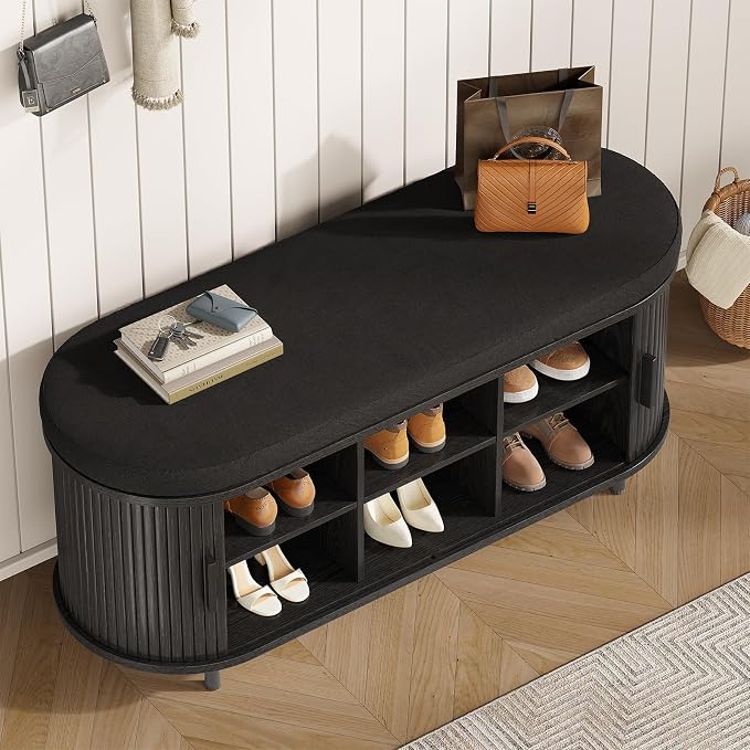 Oval Shoe Storage Bench with Padded Seat Cushion, 2-Tier Fluted Shoe Cabinet - Image 3
