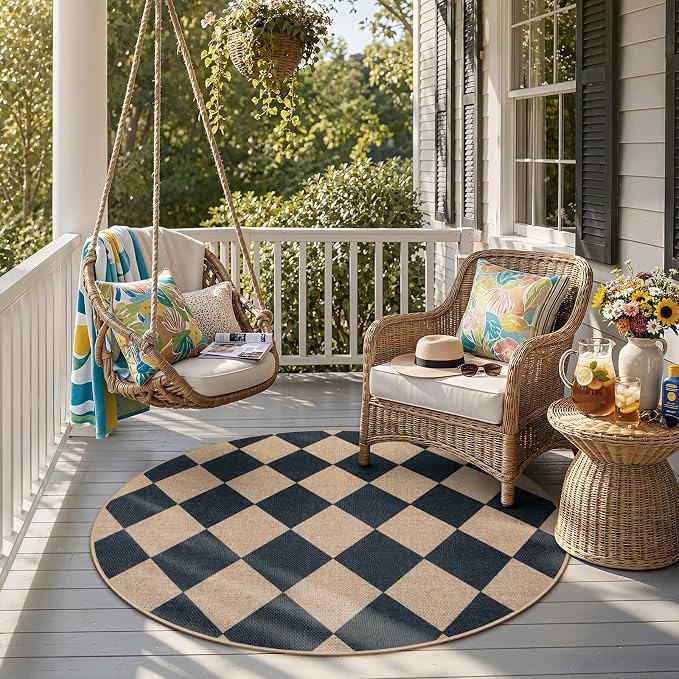Lahome Checkered Easy Jute Round Rug 4ft, Outdoor Entryway Rug Washable | Black by Lahome