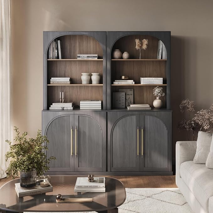 BELLEZE Storage Cabinet with Hutch Set of 2, Curved Styling Door Cabinet Curio by BELLEZE