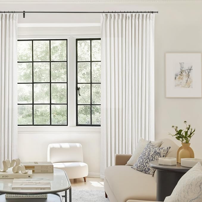 Beige White Pinch Pleated Linen Curtains 94 Inches Long 2 Panels | Memory - Image 9