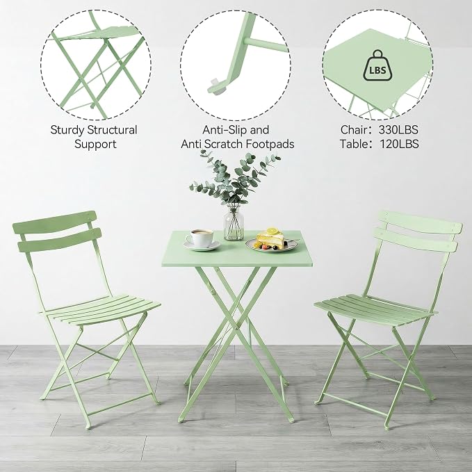GarveeLife 3 Piece Patio Bistro Set, Folding Patio Bistro Table and Chairs Set - Image 6