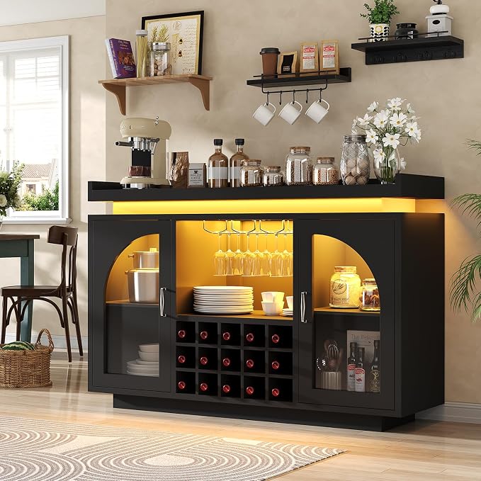 Wine Bar Cabinet with Power Outlet & LED Light, Coffee Bar Cabinet - Image 4