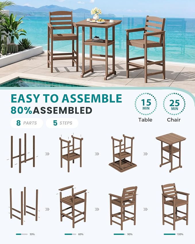 SERWALL Balcony Adirondack Chairs and Table 3 Pieces Set, Oversize Adirondack - Image 7