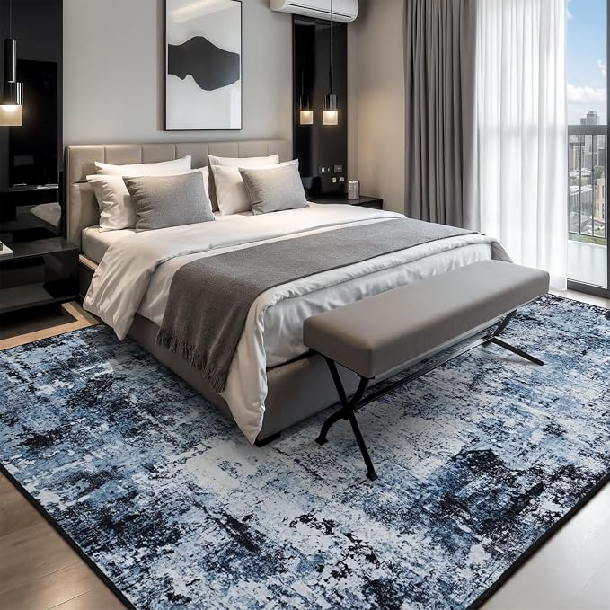 Rugflix 7x9 Area Rugs for Living Room, Washable Navy Blue Dark Large Rug | - Image 2