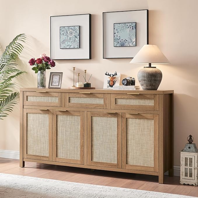 HOKYHOKY 2 Piece Rattan Sideboard Buffet Cabinet, Boho Storage Cabinet - Image 4