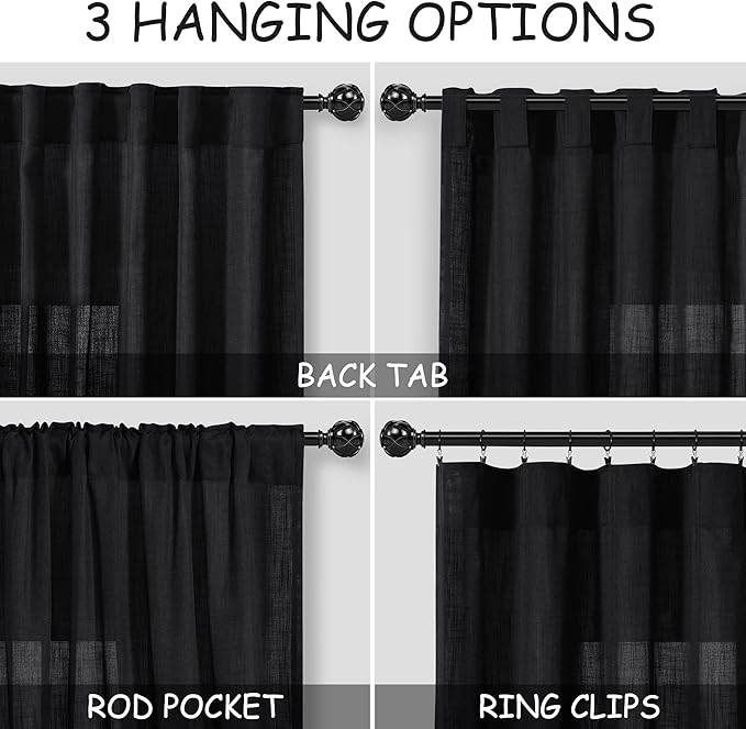Black Linen Blend Semi Sheer Curtains 86 Inches Long 2 Panel Set Pocket Back - Image 3