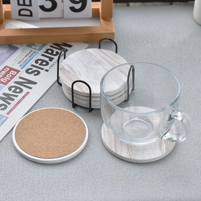 6Pcs Drink Coasters with Holder, Marble Style Ceramic Drink Coaster, Absorbent - Image 7