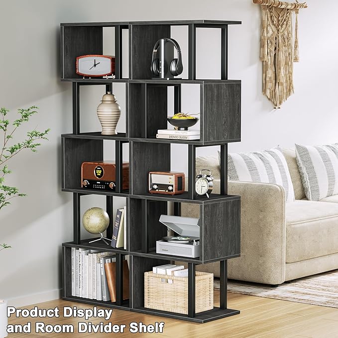 Furologee 6 Tier Bookshelf Tall Geometric Bookcase, S Shaped Industrial Display - Image 4