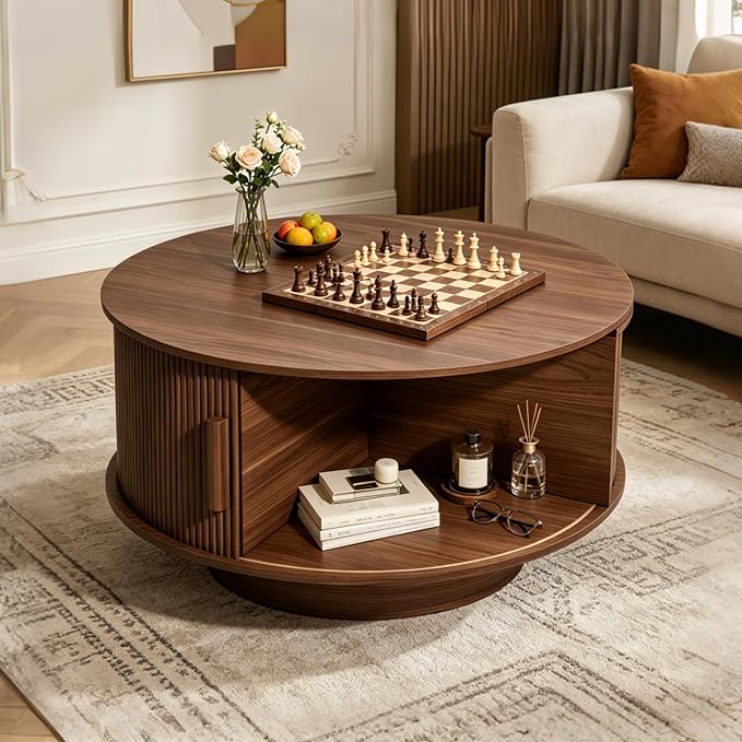 Round Lift Top Coffee Table, Mid Century Modern Fluted Circle Coffee Table - Image 3