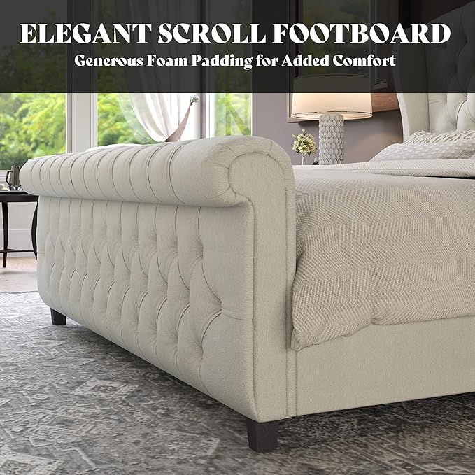 AMERLIFE California King Size Platform Bed Frame, Velvet Upholstered Sleigh Bed - Image 5