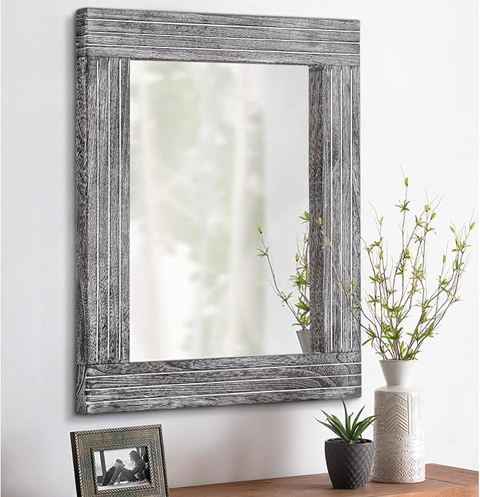 Wall Mirror Rustic Wooden Frame Rectangle Mirror Vintage Hanging Mirror by HLFMVWE
