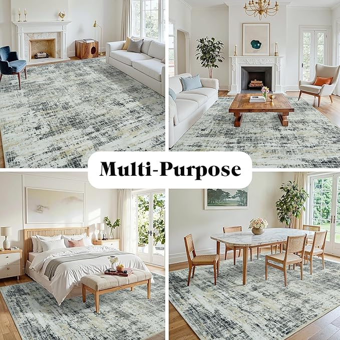 10x12 Washable Area Rug for Living Room Bedroom: Non-Slip Modern Black Gray | - Image 3