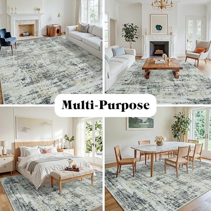 9x12 Washable Area Rug for Living Room Bedroom: Non-Slip Modern Black Gray | - Image 3