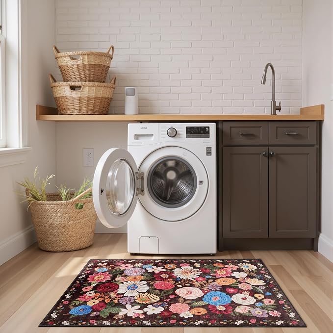 Black Brown Floral Hallway Runner Rug 2x5 - Image 4