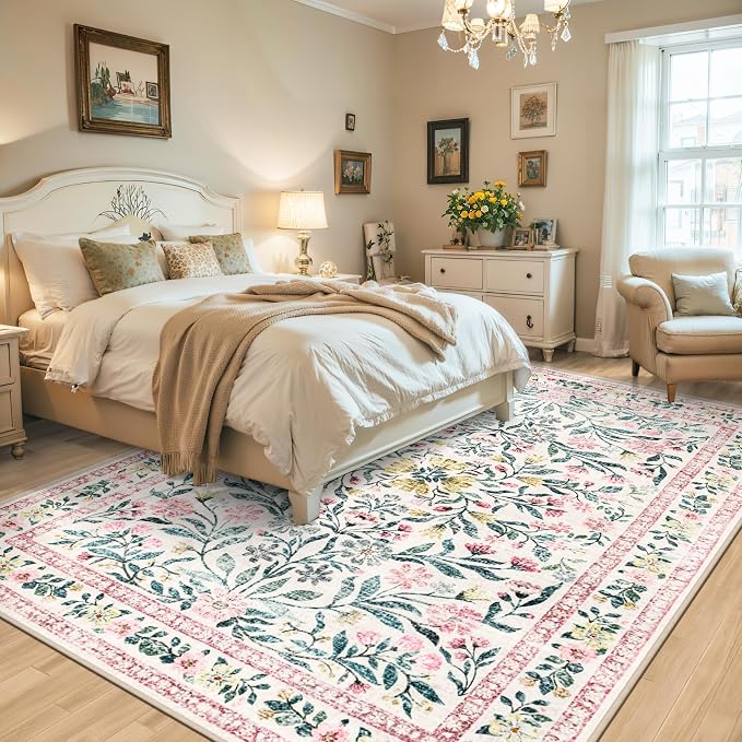 PLHXFR Area Rug 9x12 Living Room: Floral Washable Boho Carpet Pink Green | - Image 3