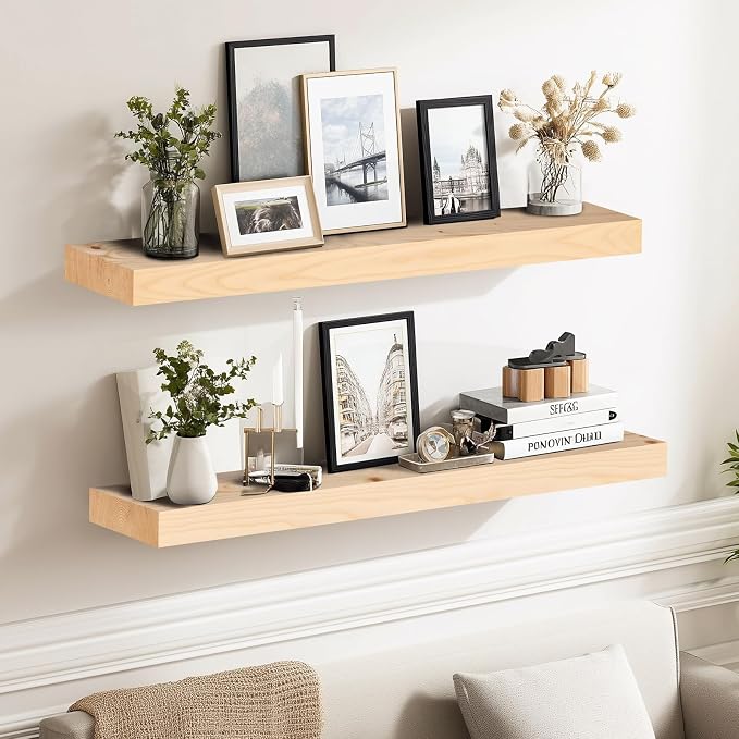 24x8x1.6 inch Floating Shelves Set of 2 – Solid Wood Rustic Wood Wall Mounted - Image 2