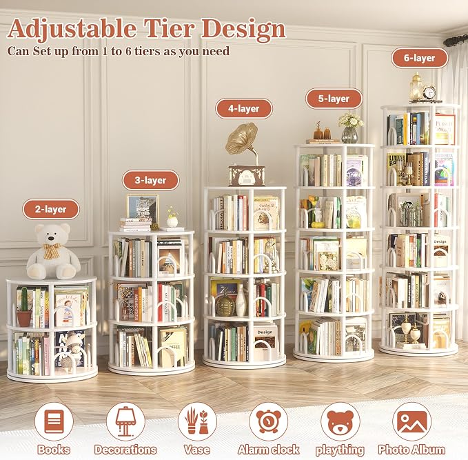 Aheaplus 6 Tier Rotating Bookshelf Tower, Revolving Bookcase, 360° Round - Image 5