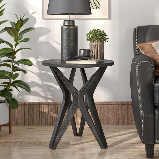 Pedestal Farmhouse End Table, Distressed Top by LONYKE