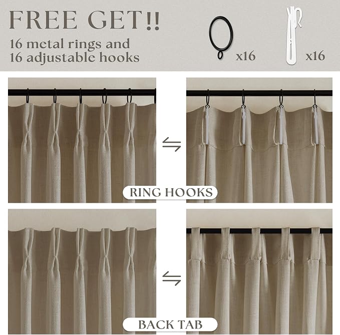 Dark Flax Linen Pinch Pleat Light Filter Curtains 120 Inches Long 2 Panels | - Image 5