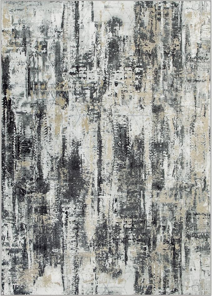 5x7 Area Rugs for Living Room: Washable Abstract Black Grey Gold Carpet | - Image 2