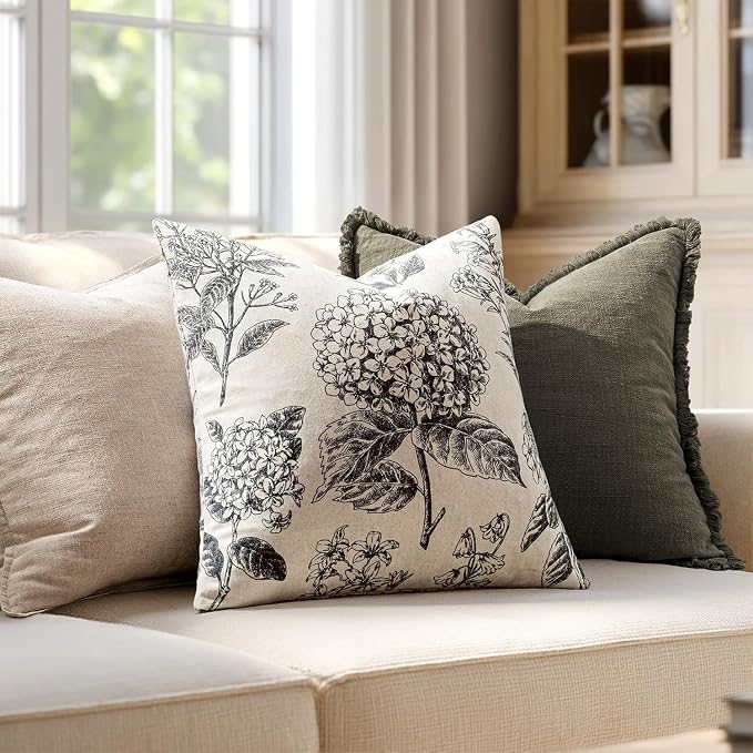 Set of 2 Decorative Floral Pillow Covers 18x18 Inch Black | Neutral Hydrangea - Image 3