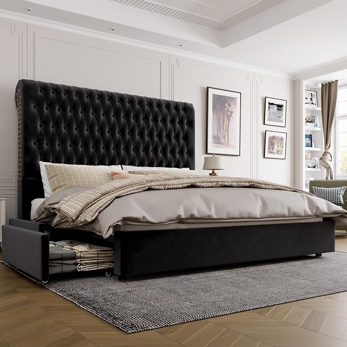 King Size Bed Frame 54" Tall Headboard by KeyluvHome